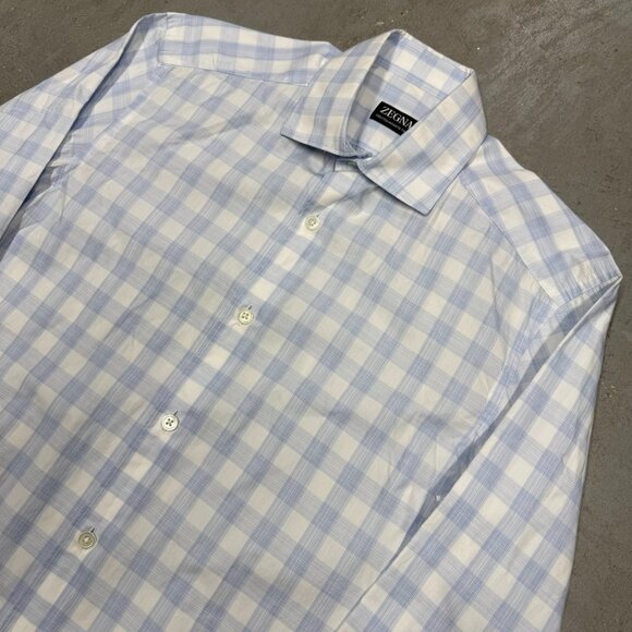 ZEGNA Dress Shirt Centoquaranta Twill Check Cotton Long Sleeve Blue 14.5 Small - Picture 2 of 9